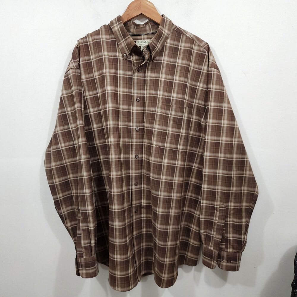 St Johns Bay Iron Free plaid button-down long-sleeve shirt Brown White Mens 2XLT
